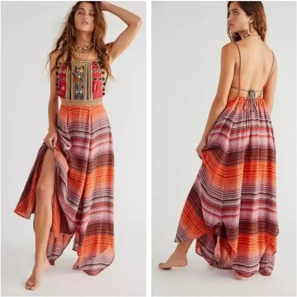 Free People Dress Large Regina Midi Multicolor Boho Long Embroidered Statement - Picture 1 of 10